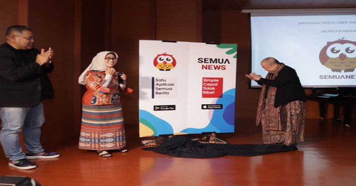 Suasana peluncuran aplikasi ‘’SemuaNews’’ di Jaya Suprana School of Performing Arts, Mall of Indonesia (MoI), Kelapa Gading, Jakarta Utara, Minggu sore (30/7/2023).