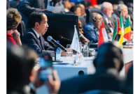 Presiden Jokowi saat menghadiri KTT BRICS ke-15 yang digelar di Sandton Convention Center, Johannesburg, Republik Afrika Selatan, pada Kamis (24/8/2023).