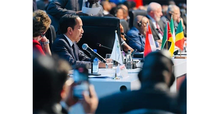 Presiden Jokowi saat menghadiri KTT BRICS ke-15 yang digelar di Sandton Convention Center, Johannesburg, Republik Afrika Selatan, pada Kamis (24/8/2023).