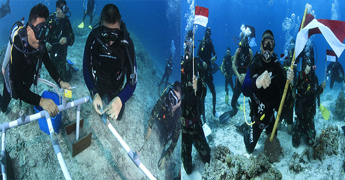 Danrem 162/WB, Brigjen TNI Agus Bhakti bersama sekitar 20 penyelam dari Korem 162/WB dan komunitas selam di Gili Trawangan, KLU, Provinsi NTB tanam terumbu karang dan parade bendera, di perairan Gili Trawangan, Jumat (18/8/2023).