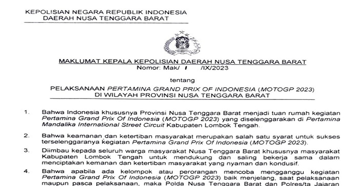 Maklumat Kapolda NTB tentang pelaksanaan MotoGP 2023.