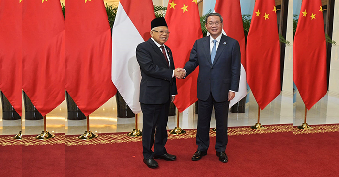 Wapres, Ma'ruf Amin (kiri) bersama Perdana Menteri (PM) Tiongkok, Li Qiang (kanan).