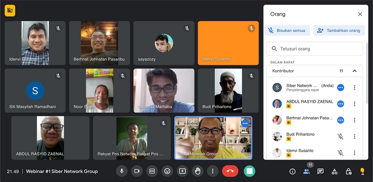 Suasana Webinar Perdana tiga media online yang tergabung dalam Siber Network Group (SNG), pada Senin malam (9/10/2023).