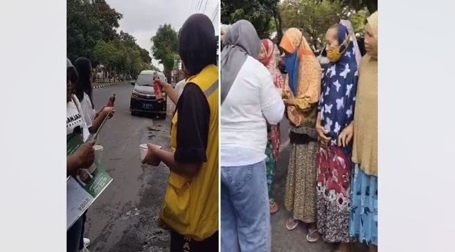 Para Relawan Ganjar – Mahfud saat membagikan nasi bungkus kepada para penyapu jalan raya di Kota Mataram.
