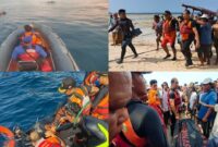 Tim SAR Gabungan saat mengevakuasi korban meninggal dunia akibat perahu tabrakan di perairan Gili Meno, KLU.