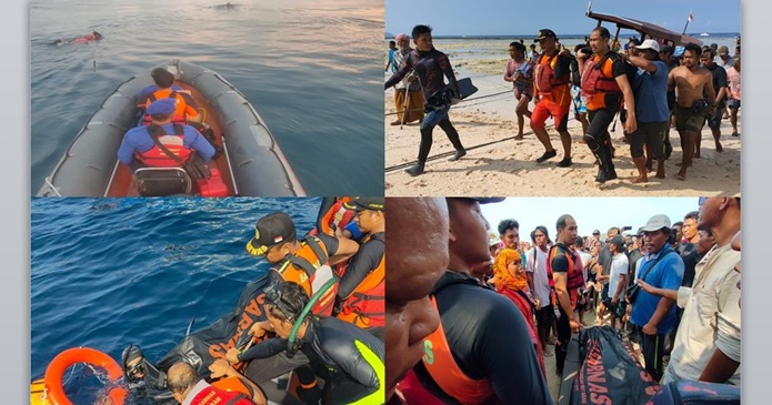 Tim SAR Gabungan saat mengevakuasi korban meninggal dunia akibat perahu tabrakan di perairan Gili Meno, KLU.