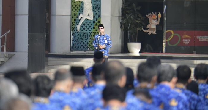Suasana apel pagi perdana yang dilaksanakan Kemenpora, di Lapangan Kemenpora, Senayan, Jakarta, pada Rabu (17/1/2024)