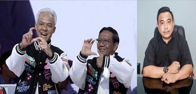 Pasangan capres dan cawapres nomor urut 3, Ganjar Pranowo – Prof Mahfud MD dan Jubir TPN Ganjar - Mahfud, Haris Pertama (kanan).
