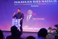 Menpora, Dito Ariotedjo saat memberikan sambutan pada puncak acara Dies Natalis ke-74 GMKI, di Gedung Teater Area Wahyu Sihombing, TIM Jakarta, pada Sabtu (24/2/2024).