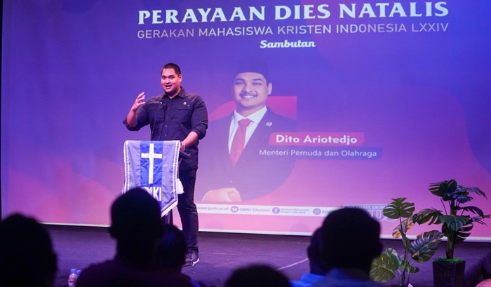 Menpora, Dito Ariotedjo saat memberikan sambutan pada puncak acara Dies Natalis ke-74 GMKI, di Gedung Teater Area Wahyu Sihombing, TIM Jakarta, pada Sabtu (24/2/2024).