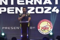 Menpora Dito Ariotedjo saat memberikan sambutan pada acara penutupan turnamen Indonesia International Open 2024, di Park Hyatt Jakarta, Kamis (25/1/2024).