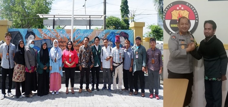 Dr Kholid berjabat tangan dengan Kombes Pol Rio Indra Lesmana (foto kanan), dan suasana penyerahan mahasiswa magang di Kantor Bahasa NTB (foto kiri).