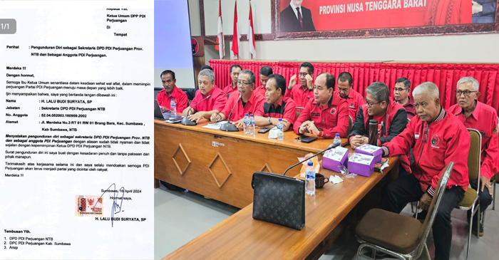 Wakil Ketua DPD PDIP NTB, H Ruslan Turmuzi bersama jajaran pengurus saat memberikan keterangan pers di Kantor DPD PDIP NTB, Kamis (18/4/2024)-(foto kanan), dan Surat Pengunduran Diri HL Budi Suryata sebagai Sekretaris DPD PDIP NTB (foto kiri).