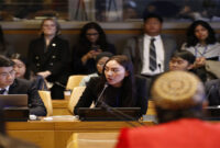 Stafsus Menpora Bidang Komunikasi dan Hubungan Internasional, Alia Noorayu Laksono dalam sesi Breakout Regional Wilayah Asia Pasifik, pada pertemuan Forum Pemuda Dewan Ekonomi Sosial (ECOSOC) 2024, di New York, Amerika Serikat (AS), Rabu (17/4/2024).