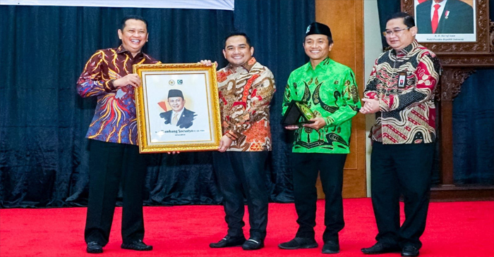 Ketua MPR RI, Bambang Soesatyo di sela-sela acasra Sosialisasi Empat Pilar MPR RI bersama Majelis Nasional (MN) KAHMI, di Gedung Nusantara IV MPR RI, Komplek Parlemen Senayan Jakarta, Rabu (31/7/2024).