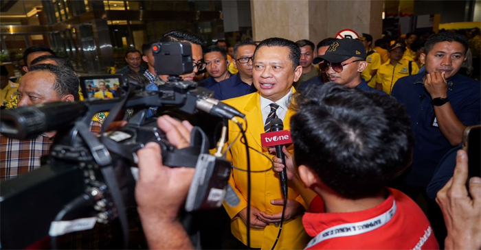 Bambang Soesatyo (Bamsoet) saat memberikan keterangan pers usai Penutupan Munas XI Partai Golkar, di Jakarta Convention Center (JCC) Senayan Jakarta, Rabu malam (21/8/2024).