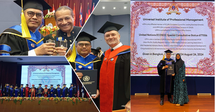Sekretaris DPD PJS Daerah Khusus Jakarta, Muhamad Ied saat menerima secara resmi anugerah gelar Doktor Honoris Causa (HC) dalam Bidang Social Innovation and Robotic Science Advancement oleh Universitas Internasional PBB Malaysia (UIPM) dalam acara wisuda yang berlangsung di Chulabhorn Research Institute, Bangkok, Thailand, pada Sabtu (24/8/2024).
