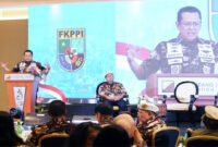Ketua MPR RI, Bambang Soesatyo saat memberikan orasi di sela-sela perayaan HUT ke-46 FKPPI, di Balai Sidang Jakarta Convention Center (JCC) Senayan, Jakarta Pusat, Kamis (12/9/2024).