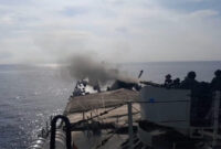KRI Teluk Cirebon-543 saat melaksanakan latihan penembakan di daerah Operasi Perairan Utara Samalanga, Provinsi Aceh.