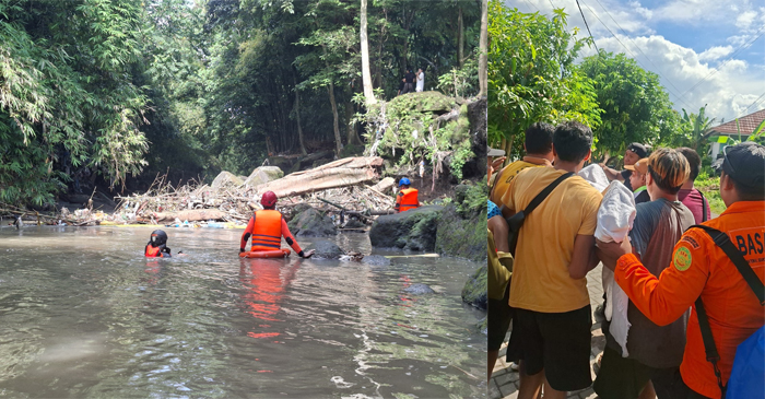 Tim SAR gabungan saat mencari remaja 13 tahun yang hanyut di sungai Kuripan.