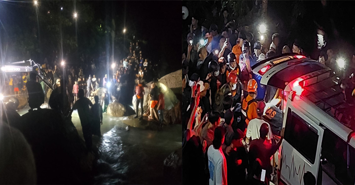 Suasana evakuasi korban tenggelam di Air Terjun Tibu Ijo, Desa Kekait, Kecamatan Gunungsari, Kabupaten Lombok Barat (Lobar) oleh Tim SAR gabungan.