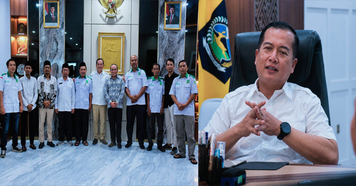 Gubernur NTB, Lalu Muhamad Iqbal saat menerima audiensi Pemuda NTB, di ruang kerjanya, Kamis (30/4/2026)-(foto kanan), dan suasana pose bersama usai audiensi (foto kiri).