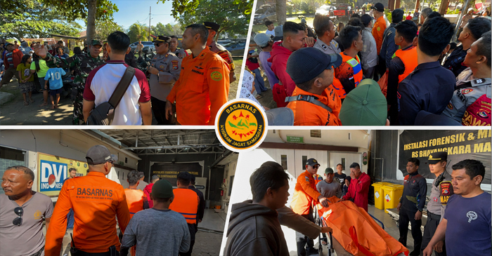 Tim SAR gabungan saat menemukan dan membawa jenazah Pietro Lionel Alesandro Seda (13 tahun), korban terseret ombak di Pantai Ampenan, ke Rumah Sakit Bhayangkara Mataram.