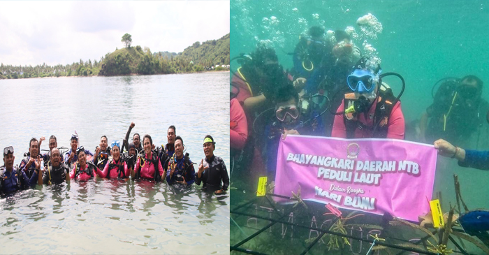 Ketua Bhayangkari Daerah NTB, Ny. Uty Edy Murbowo, saat memimpin langsung kegiatan penanaman terumbu karang di kawasan wisata Gili Sudak, Kecamatan Sekotong, Kamis (30/4/2026).