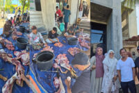 Suasana penyembelihan hewan kurban di Masjid Al-Muhajirin Desa Karang Bongkot, Kecamatan Labuapi, Kabupaten Lombok Barat.