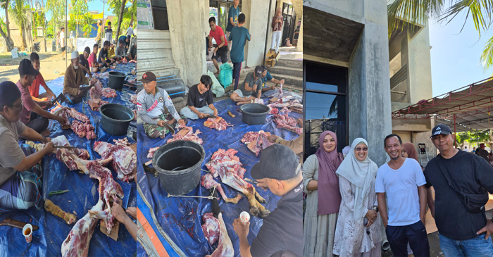 Suasana penyembelihan hewan kurban di Masjid Al-Muhajirin Desa Karang Bongkot, Kecamatan Labuapi, Kabupaten Lombok Barat.