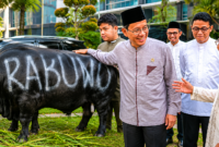 Menteri Keuangan (Menkeu) RI, Purbaya Yudhi Sadewa saat memegang sapi kurban atas nama Presiden Prabowo Subianto.