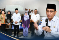 Wakil Bupati Lombok Timur, HM Edwin Hadiwijaya saat menerima kunjungan Tim Monev Pelaksanaan Konvergensi Penurunan Stunting yang terdiri dari perwakilan Bank Dunia, Kemendagri, Kemenkeskes, serta Poltekkes Mataram, di ruang rapat Bappeda Lombok Timur, Rabu (24/6/2026).