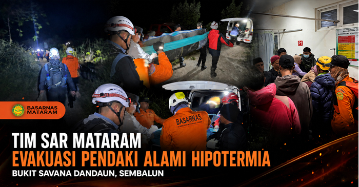 Tim SAR gabungan saat mengevakuasi pendaki yang mengalami hipotermia di Bukit Savana Dandaun Sembalun, Kabupaten Lombok Timur.