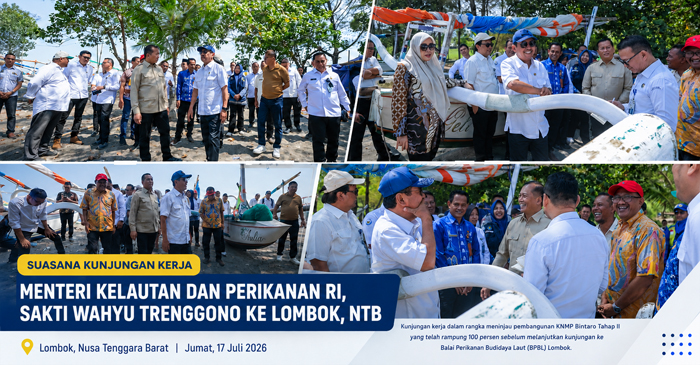 Menteri Kelautan dan Perikanan RI, Sakti Wahyu Trenggono didampingi Gubernur NTB, Lalu Muhamad Iqbal dan Wagub NTB, Indah Dhamayanti Putri saat meninjau pembangunan KNMP Bintaro Tahap II yang telah rampung 100 persen sebelum melanjutkan kunjungan ke Balai Perikanan Budidaya Laut (BPBL) Lombok.