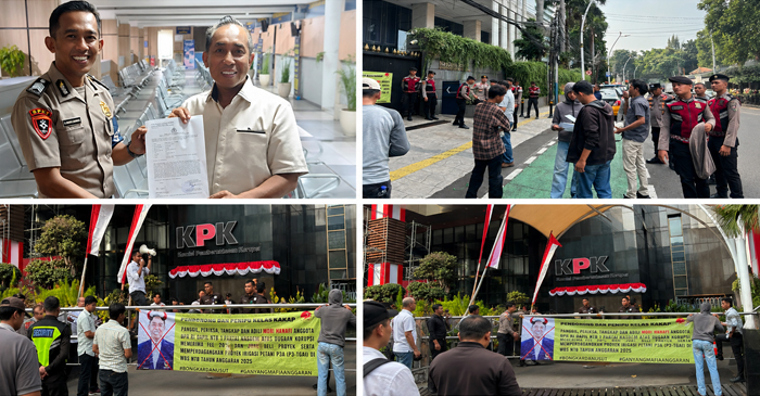 Anggota Komisi V DPR RI dari Fraksi Partai NasDem, Mori Hanafi saat memperlihatkan berkas laporan dugaan pencemaran nama baik ke Polda Metro Jaya (foto pojok kiri atas), Suasana aksi unjuk rasa yang dilakukan oleh Persatuan Mahasiswa Nusa Tenggara Barat-Jakarta (PMN-J) di Kantor DPP NasDem (foto pojok kanan) dan di depan Gedung KPK RI (2 foto di bagian bawah).