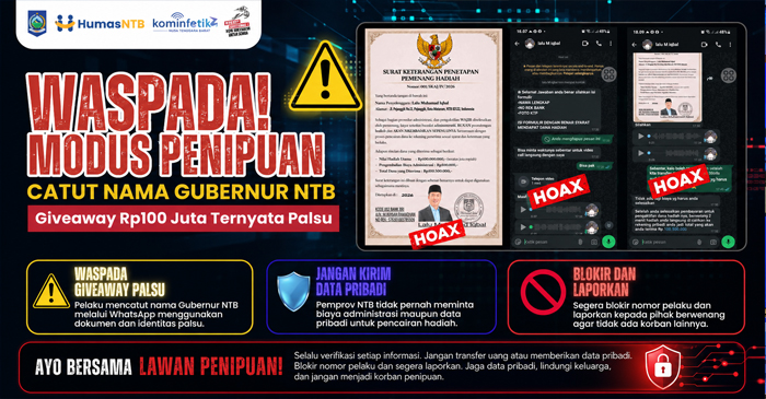 Waspada! Kini muncul penipuan dengan mencatut nama Gubernur NTB, Lalu Muhamad Iqbal, modus giveaway Rp100 juta beredar via WhatsApp (WA).