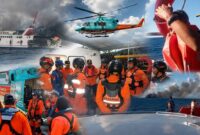 Tim SAR gabungan saat mengevakuasi para penumpang dan kru KMP Putri Yasmin yang terbakar di Selat Lombok, pada Rabu (12/8/2026) dini hari.